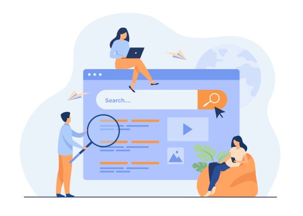 People using search box for query People using search box for query, engine giving result. Vector illustration for SEO work, SERP, online promotion, content marketing concept
